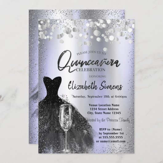 Invitation Points Confetti, Robe Noire Verre Violet Quinceañe (Devant / Derrière)
