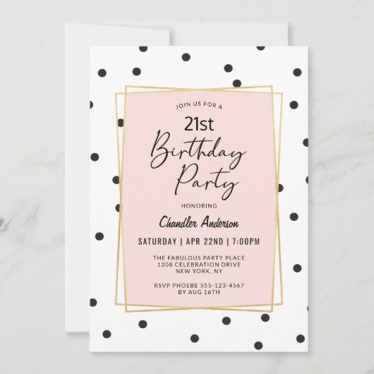 Invitation Points Confetti rose et noir 21e anniversaire (Devant)