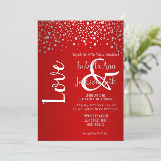 Invitation Points Confetti rouge et argent (Debout devant)