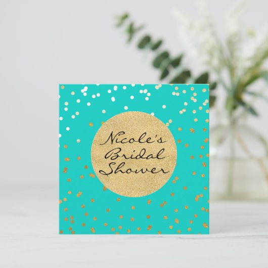 Invitation Points Confetti Turquoise Bleu & Or brillants Mode (Debout devant)