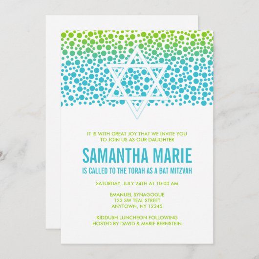 Invitation Points Confetti Turquoise Lime Bat mitzvah vert (Devant / Derrière)