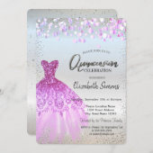 Invitation Points Confetti Violet, Robe Argent Quinceañera (Devant / Derrière)