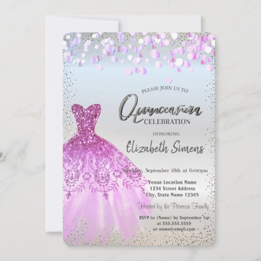 Invitation Points Confetti Violet, Robe Argent Quinceañera (Devant)