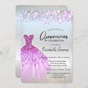 Invitation Points Confetti Violet, Robe Argent Quinceañera