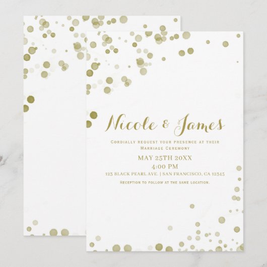 Invitation Points d'aquarelle dorés Mariage moderne épuré (Devant / Derrière)
