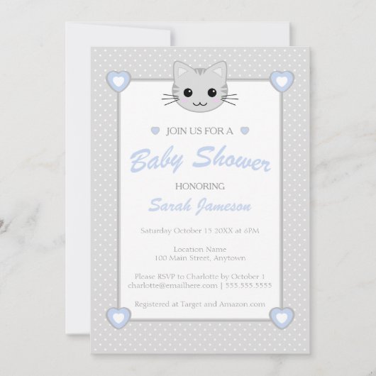 Invitation Points de Baby shower d'animaux de chats Kawaii Bl (Devant)