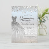 Invitation Points de confettis argentés, robe chic Quinceañer (Debout devant)