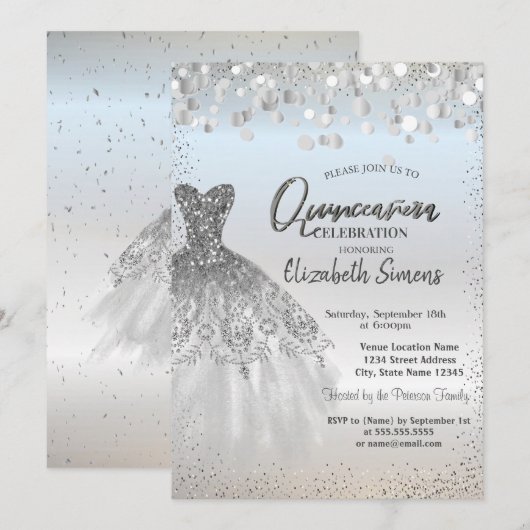 Invitation Points de confettis argentés, robe chic Quinceañer (Devant / Derrière)