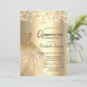 Invitation Points de confettis dorés, robe chic Quinceañera (Debout devant)