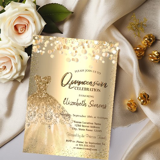 Invitation Points de confettis dorés, robe chic Quinceañera