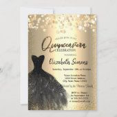 Invitation Points de confettis dorés, Robe noire pour Quincea (Devant)