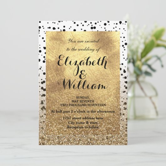Invitation Points de confettis et design en faux or (Debout devant)