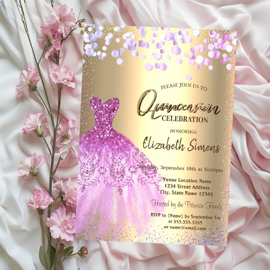 Invitation Points de confettis violets, robe chic Quinceañera