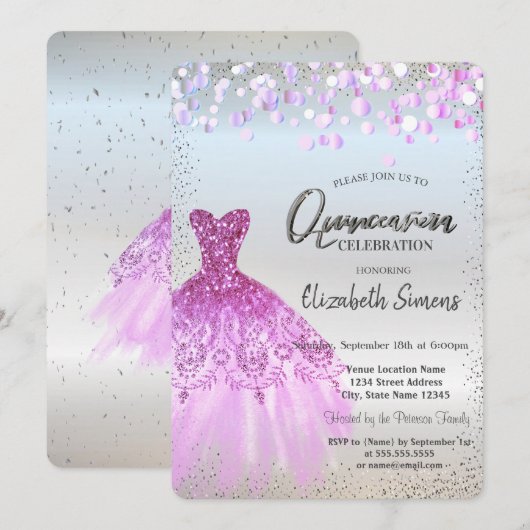 Invitation Points de Confettis Violets, Robe Quinceañera Arge (Devant / Derrière)