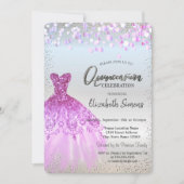 Invitation Points de Confettis Violets, Robe Quinceañera Arge (Devant)