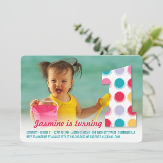 Invitation Points de couleur moderne flou 1er anniversaire Ph (Debout devant)