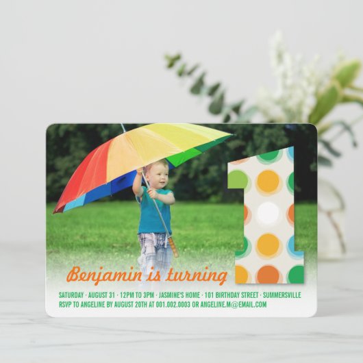 Invitation Points de couleur moderne flou 1er anniversaire Ph (Debout devant)