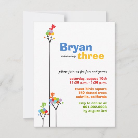 Invitation Points de couleur Whimsical Oiseaux Arbre Enfants  (Devant)