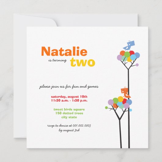 Invitation Points de couleur Whimsical Oiseaux Arbre Enfants  (Devant)