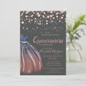 Invitation Points de rose doré moderne, robe grise chic pour (Debout devant)
