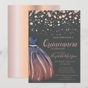 Invitation Points de rose doré moderne, robe grise chic pour
