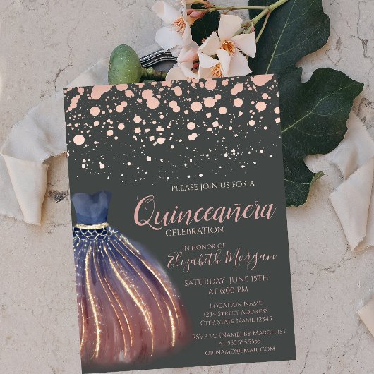 Invitation Points de rose doré moderne, robe grise chic pour