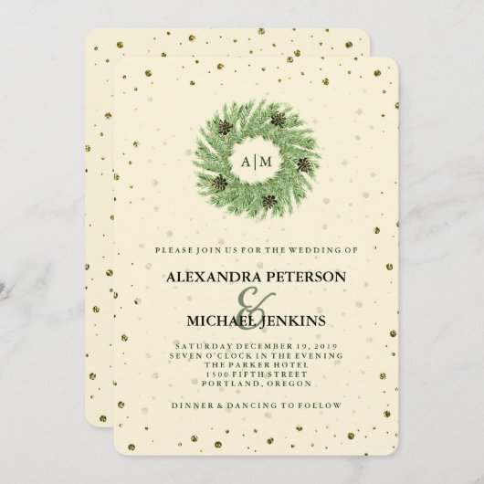 Invitation Points d'or et Mariage de couronne de Noël (Devant / Derrière)
