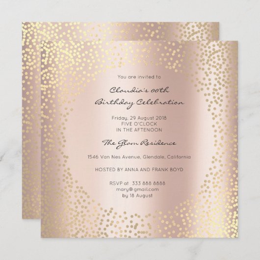 Invitation Points d'or rose Confetti Champaigne Anniversaire (Devant / Derrière)