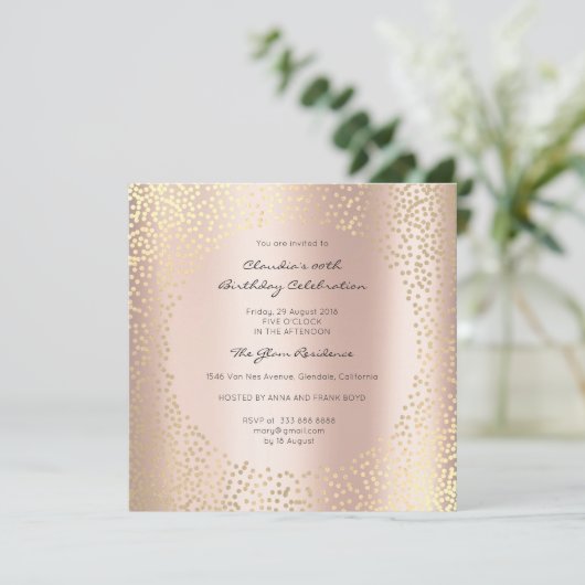 Invitation Points d'or rose Confetti Champaigne Anniversaire (Debout devant)