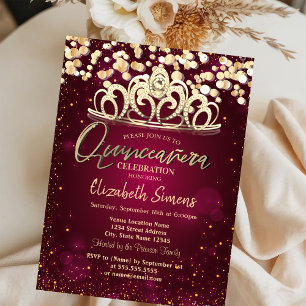 Invitation Points dorés chic, Tiara Burgundy Quinceañera