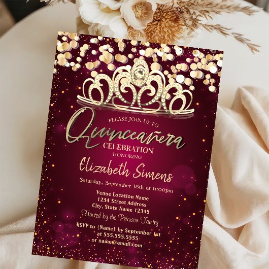 Invitation Points dorés chic, Tiara Burgundy Quinceañera