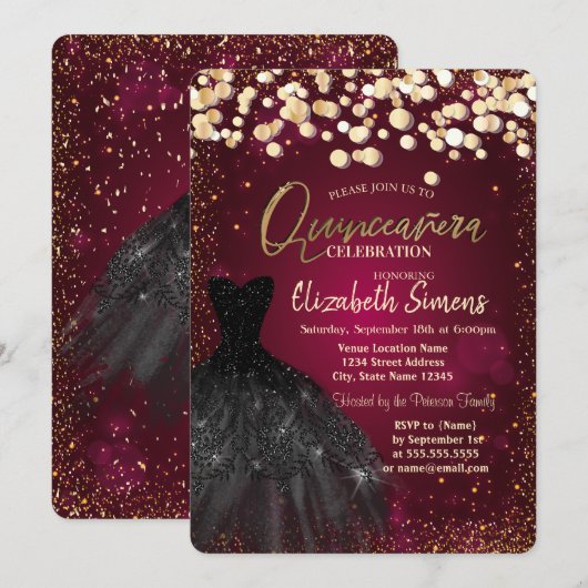 Invitation Points dorés, Robe noire Quinceañera bordeaux (Devant / Derrière)