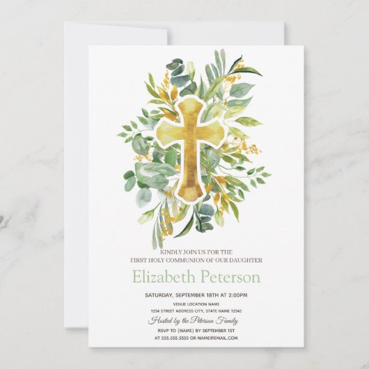 Invitation Points Feuille de la Croix d'or Première communion (Devant)