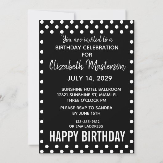 Invitation Points noirs blancs heureux Motif d'anniversaire (Devant)