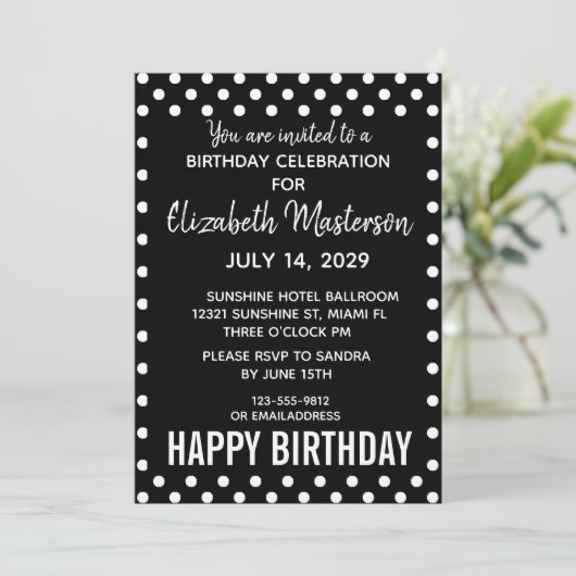 Invitation Points noirs blancs heureux Motif d'anniversaire (Debout devant)
