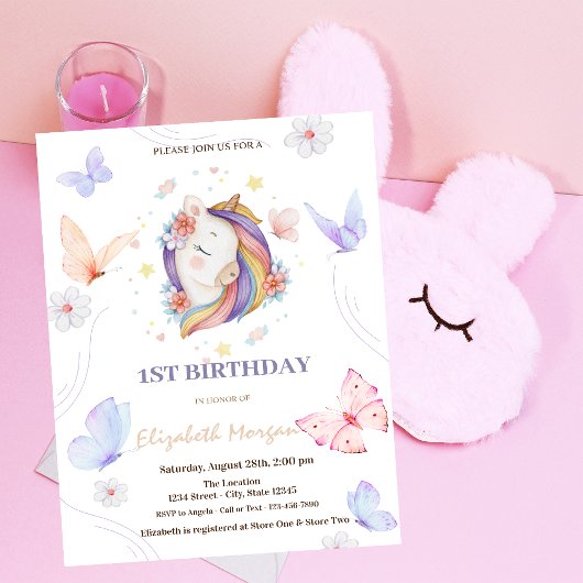 Invitation Points papillon Unicorn Fleurs de licorne Annivers