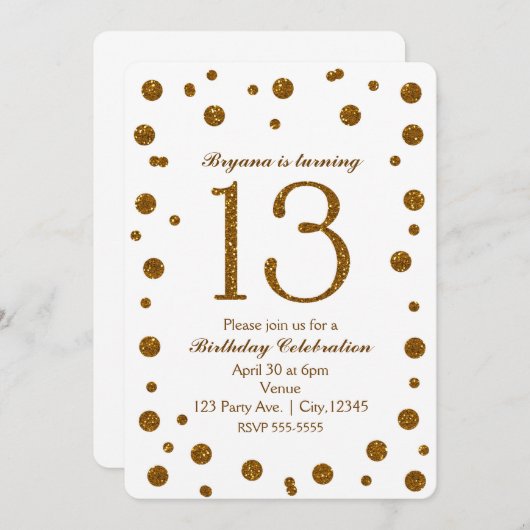 Invitation Points Parties scintillant blanc et or doux 13 Ann (Devant / Derrière)