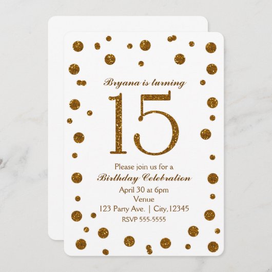 Invitation Points Parties scintillant blanc et or doux 15 Ann (Devant / Derrière)