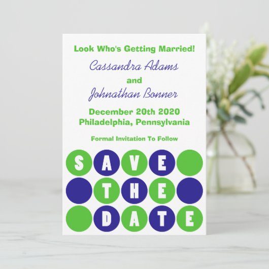 Invitation Points Rétro Polka Enregistrez La Date (Bleu Marin (Debout devant)