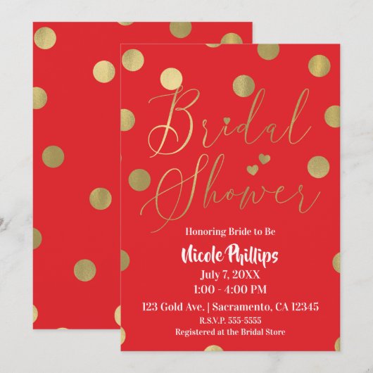 Invitation Points Rouges & Dorés Mariage Moderne Glamour (Devant / Derrière)