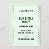 Invitation Points verts Calligraphie simple 1er anniversaire (Devant / Derrière)