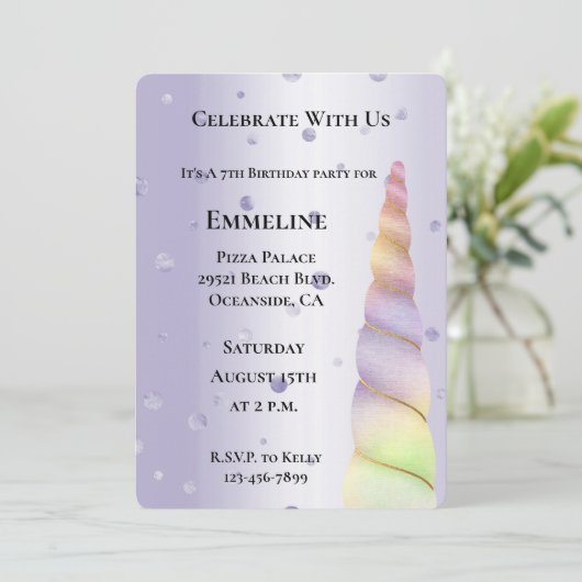 Invitation Points violets rose or Lime Unicorne Anniversaire (Debout devant)