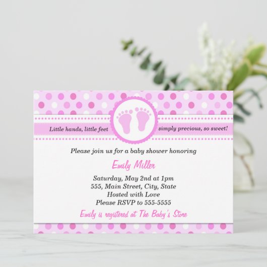 Invitation pois bébé fille douche rose (Debout devant)