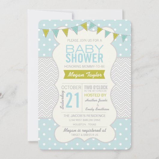 Invitation Pois bleu vert et Baby shower Chevron (Devant)