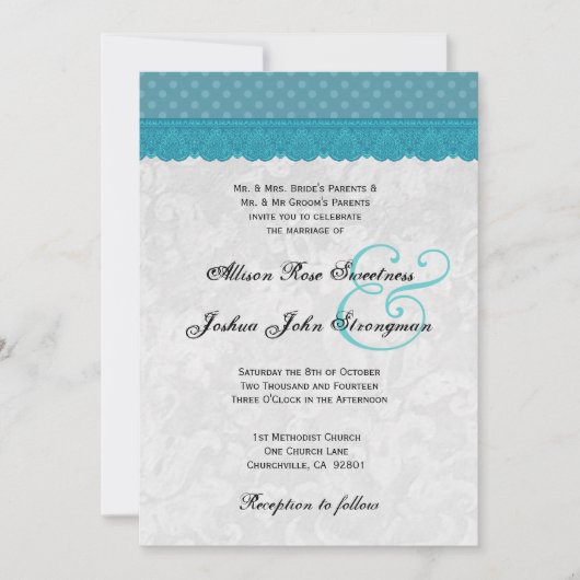 Invitation Pois bleus et Mariage de dentelle V001 (Devant)