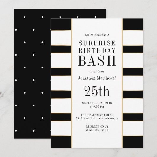 Invitation Pois contemporains & Stripes Surprise Party (Devant / Derrière)