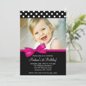 Invitation Pois de Bow rose 1er anniversaire photo de fille (Debout devant)