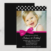 Invitation Pois de Bow rose 1er anniversaire photo de fille (Devant / Derrière)