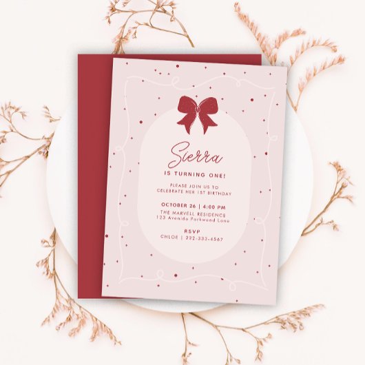 Invitation Pois de la Bow rose rouge fille 1er anniversaire