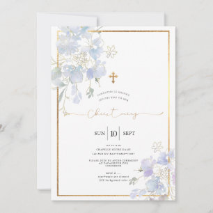 Invitation Pois de senteur aquarelle bleu poussiéreux baptême
